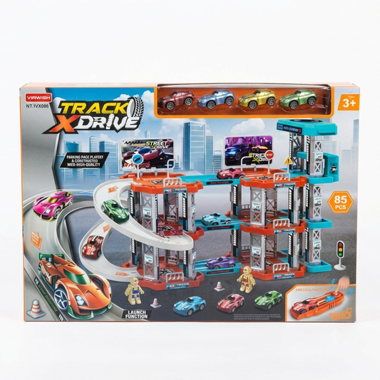 Track X Drive Multi-Level Parking Garage Playset - 85-Piece Toy Car Race Track
