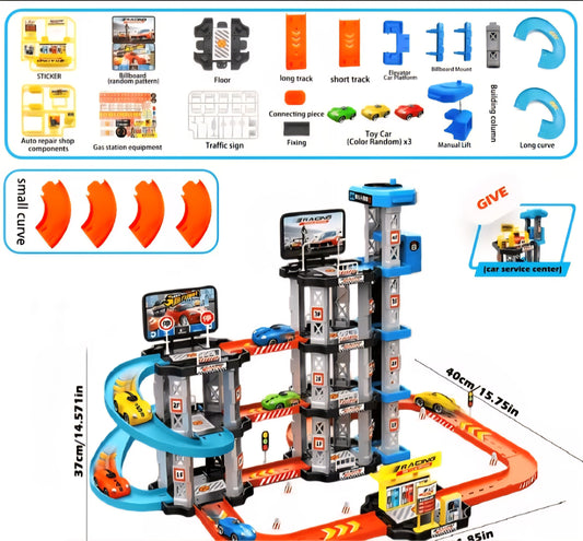 Track X Drive Multi-Level Parking Garage Playset - 85-Piece Toy Car Race Track