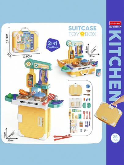 2-in-1 Kids Toy Kitchen Suitcase & Cooking Set (25 Pcs)