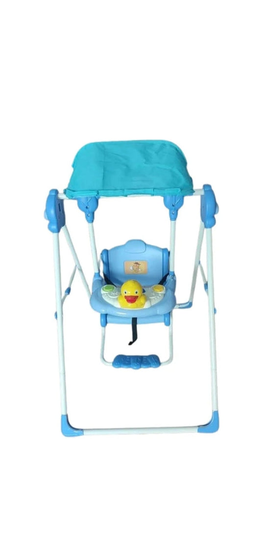 Portable Baby Swing Chair with Canopy Shade, Safety Harness & Music Toy Tray