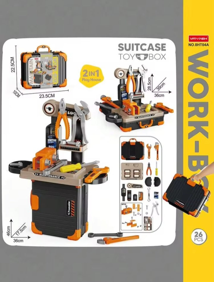 2-in-1 Kids Toy Tool Suitcase & Workbench Work box (26 Pcs)