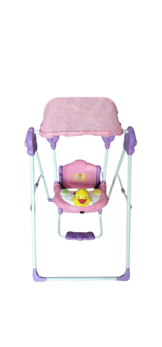Portable Baby Swing Chair with Canopy Shade, Safety Harness & Music Toy Tray
