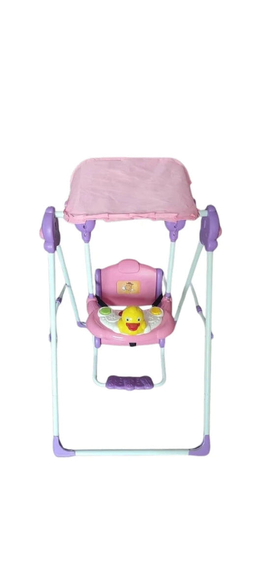 Portable Baby Swing Chair with Canopy Shade, Safety Harness & Music Toy Tray
